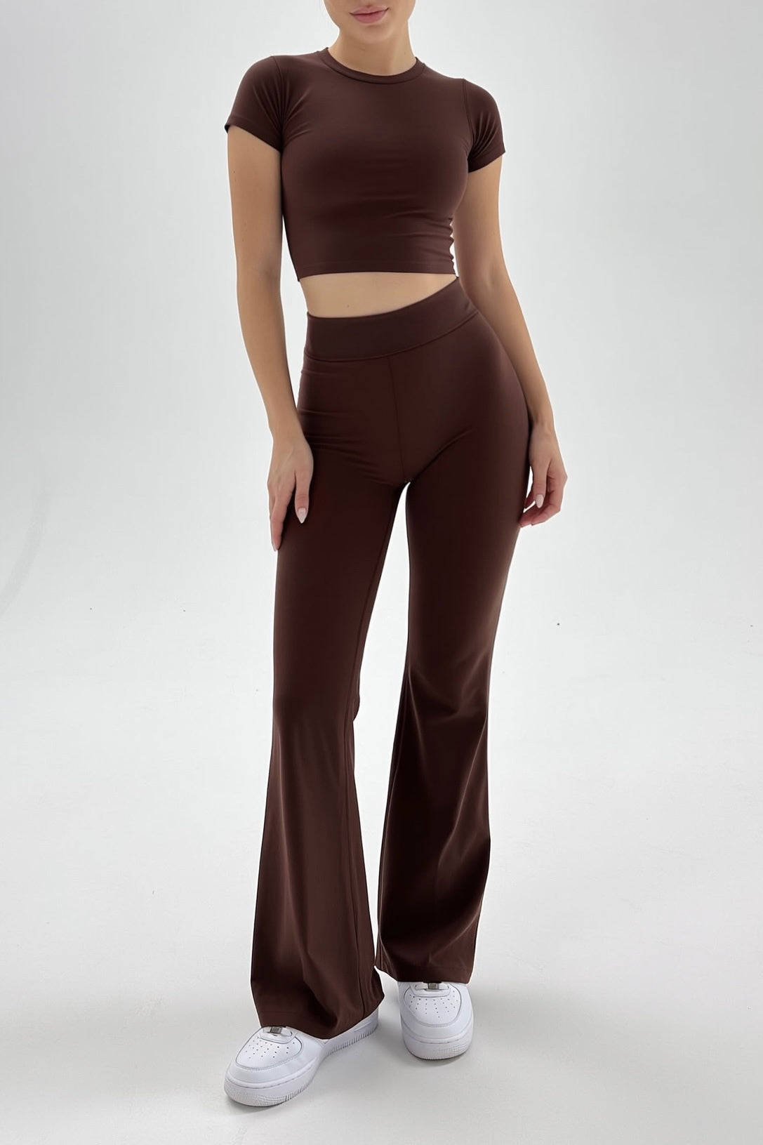Dark Brown Basic Straight-Cut Cotton Jersey Leggings