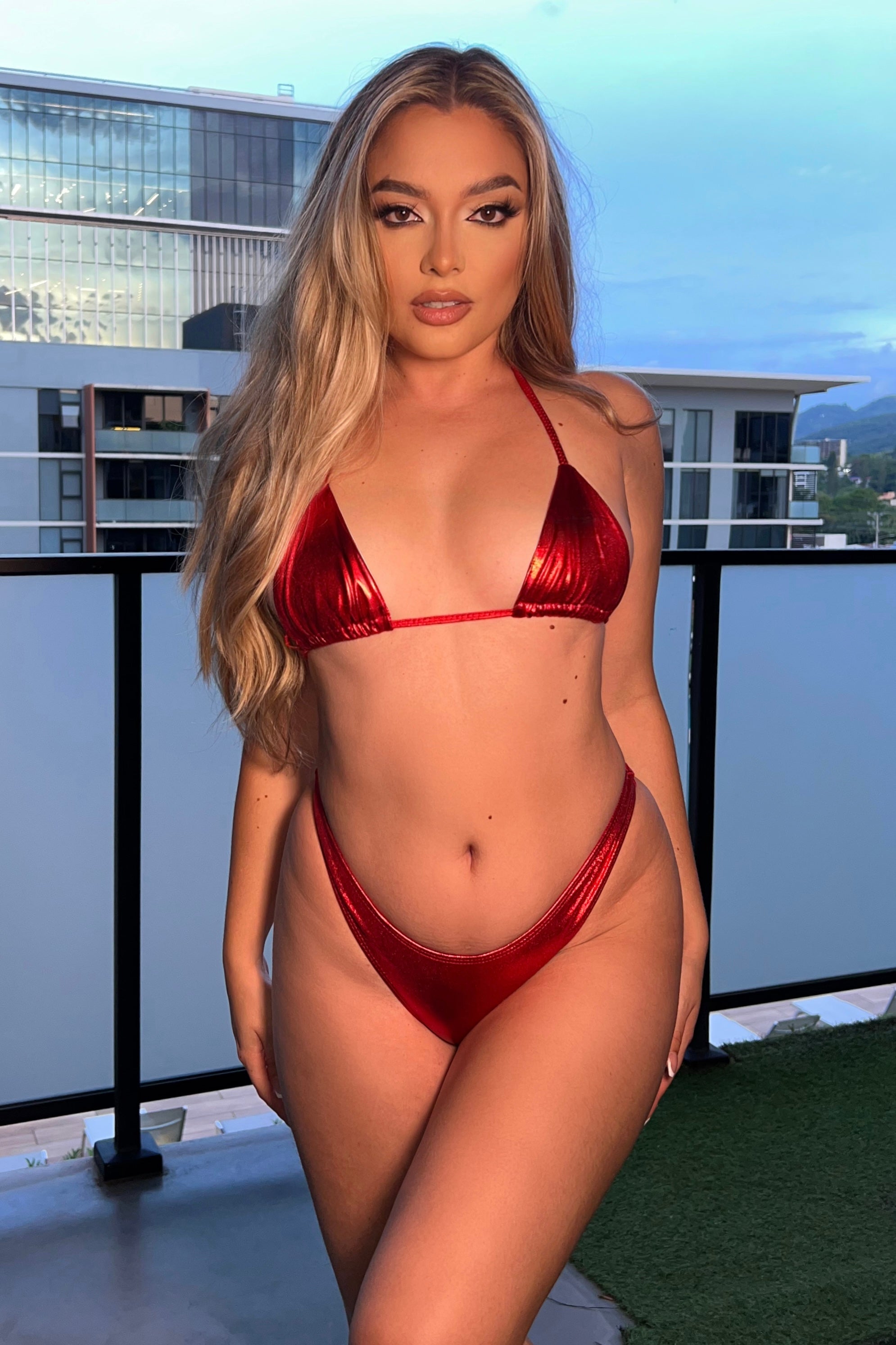 Metallic Red Triangle Mini Thong Two Piece Bikini