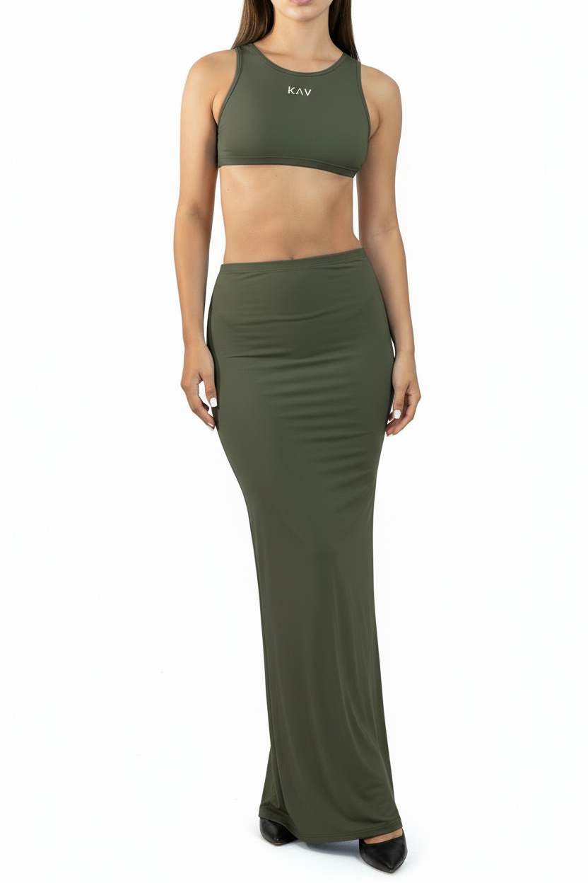 Dark Green Long Bodycon Cotton Jersey Skirt