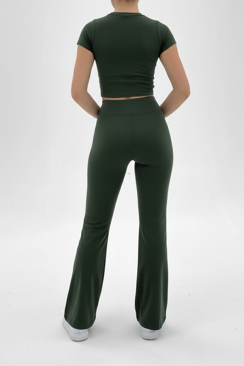 Dark Green Basic Straight-Cut Cotton Jersey Leggings