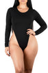 Black long-sleeve bodysuit worn by a model on a white background
