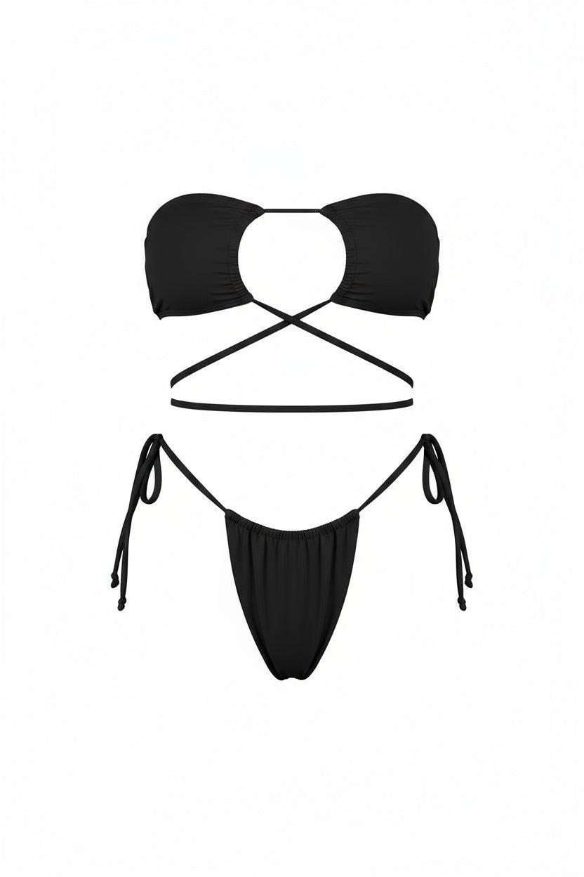 Black Loop Tie Strapless Two Piece Bikini