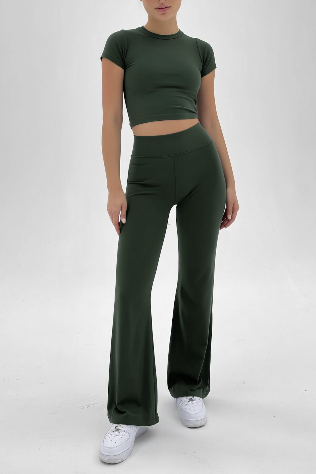 Dark Green Basic Straight-Cut Cotton Jersey Leggings