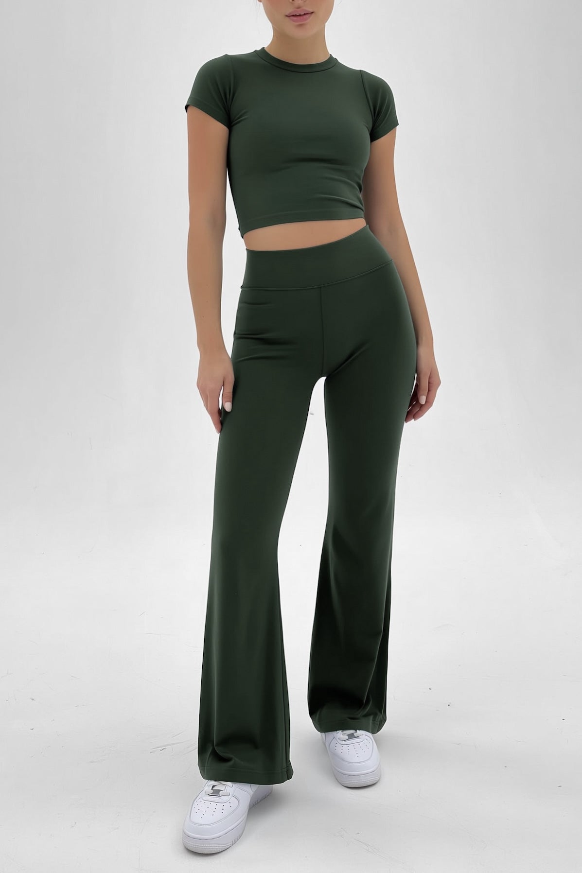 Dark Green Basic Straight-Cut Cotton Jersey Leggings