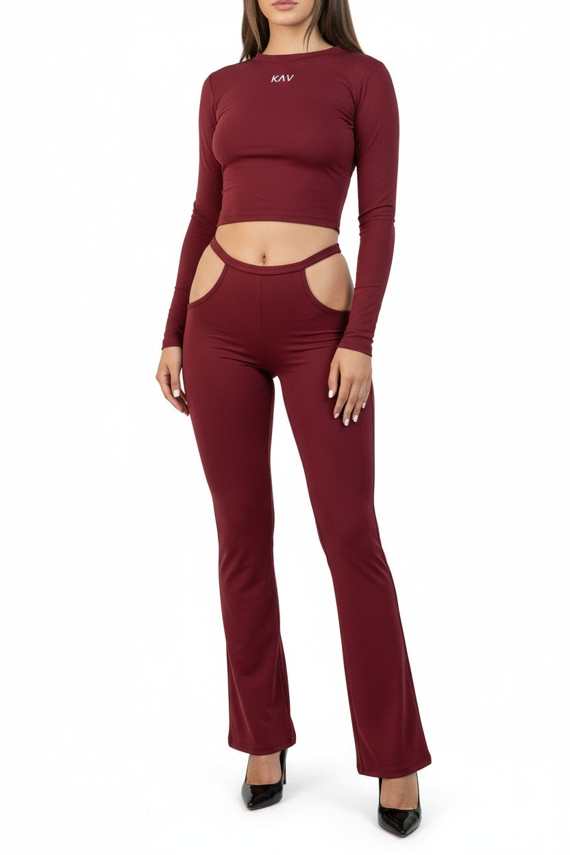 Dark Red Waistband Cutout Leggings
