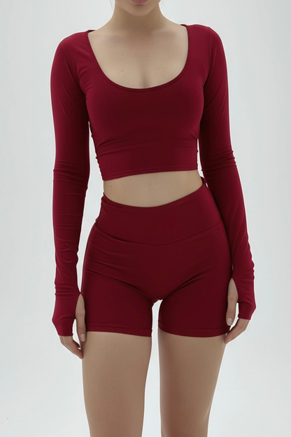 Dark Red Cotton Jersey Long Sleeve Deep Scoop Top