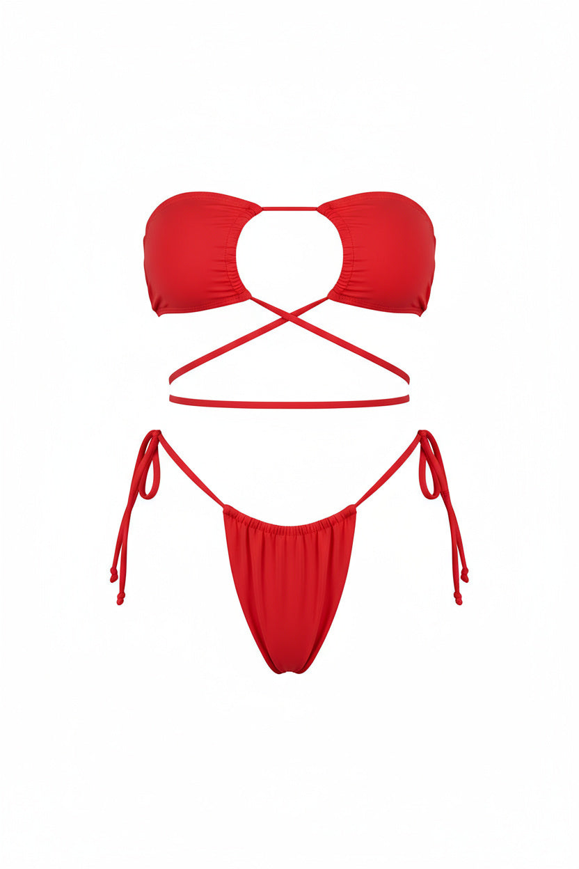 Red Loop Tie Strapless Two Piece Bikini