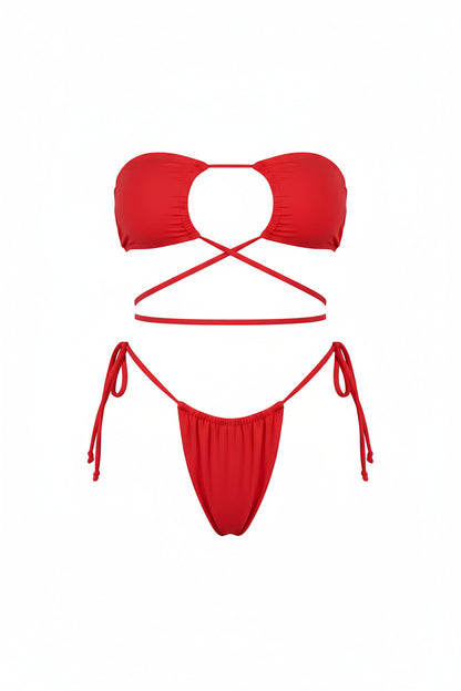 Red Loop Tie Strapless Two Piece Bikini