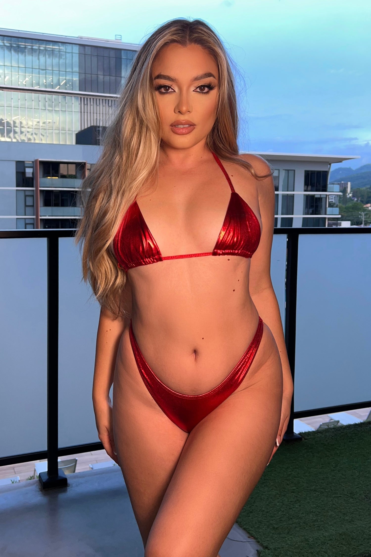Metallic Red Triangle Mini Thong Two Piece Bikini