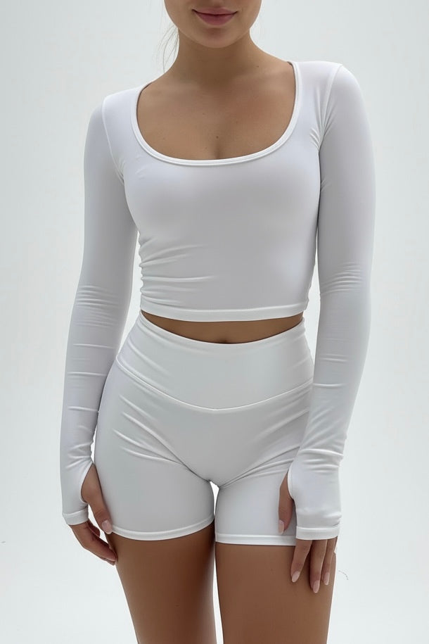 White Cotton Jersey Long Sleeve Deep Scoop Top