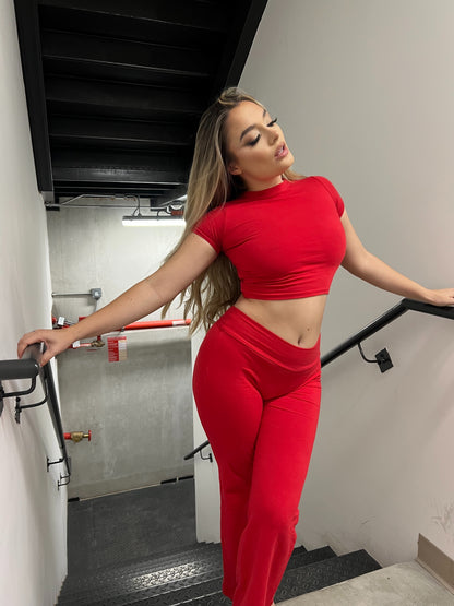 Red Basic Straight-Cut Cotton Jersey Leggings