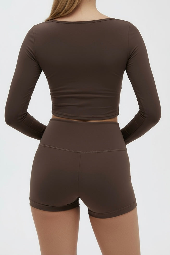 Dark Brown Cotton Jersey Long Sleeve Deep Scoop Top