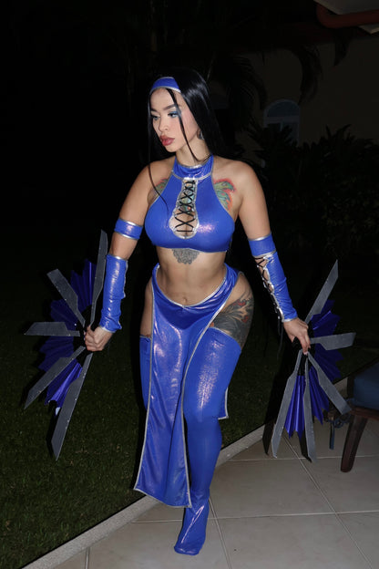 Custom made Kitana inspired cosplay costume in blue and gold – top, mask and boot covers
