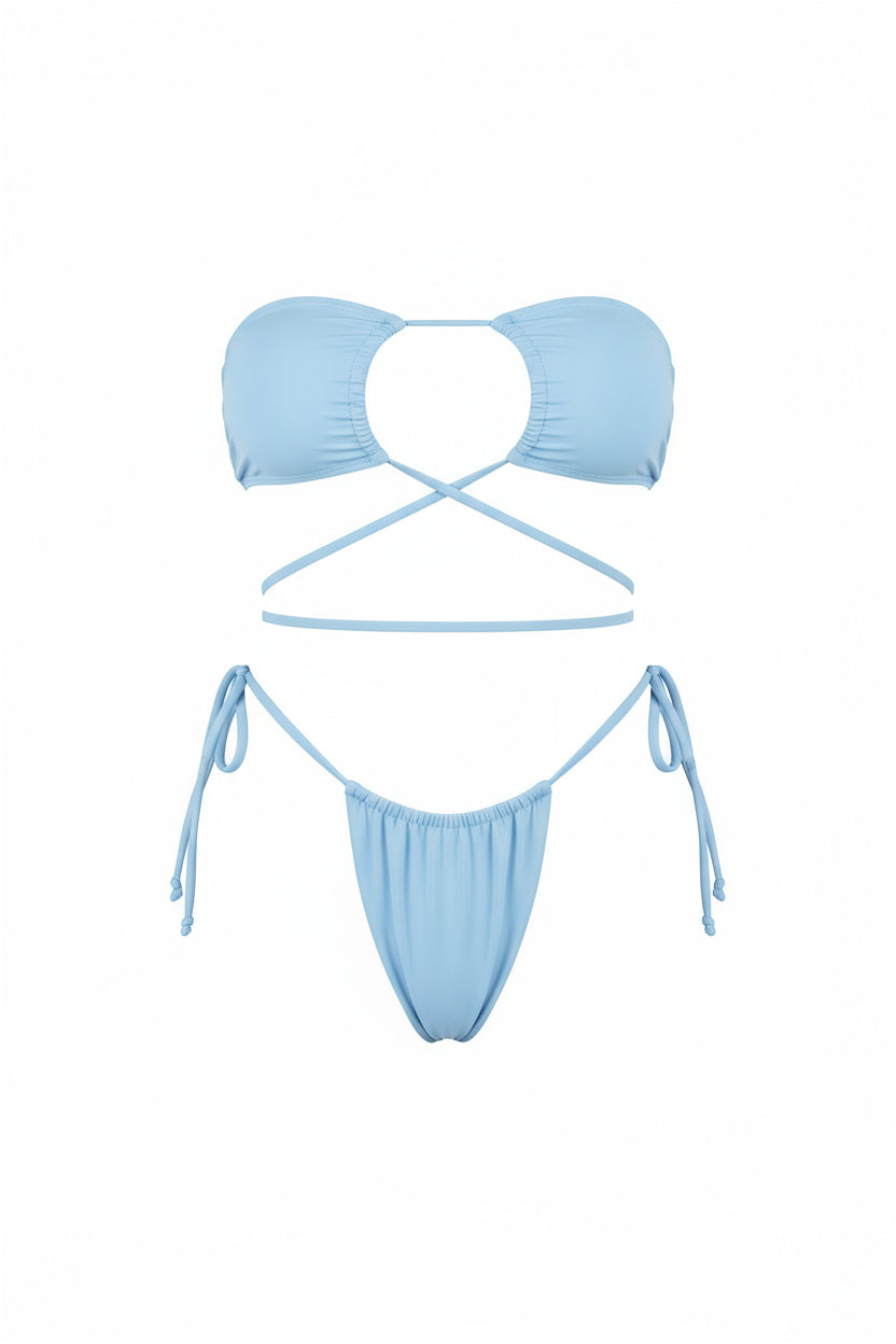 Baby Blue Loop Tie Strapless Two Piece Bikini