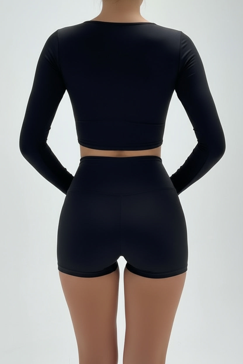 Black Cotton Jersey Long Sleeve Deep Scoop Top