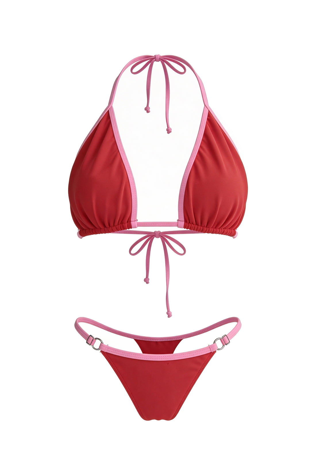 Pink &amp; Red Contrast Trim Triangle Adjustable Thong Two Piece Bikini