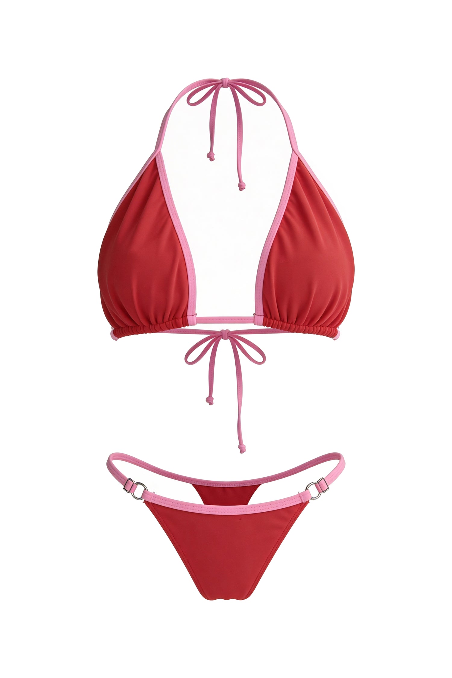 Pink &amp; Red Contrast Trim Triangle Adjustable Thong Two Piece Bikini