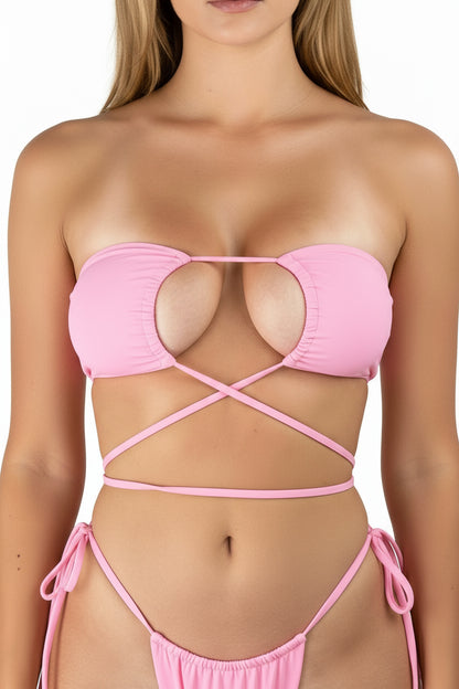 Pink Loop Tie Strapless Bikini Top