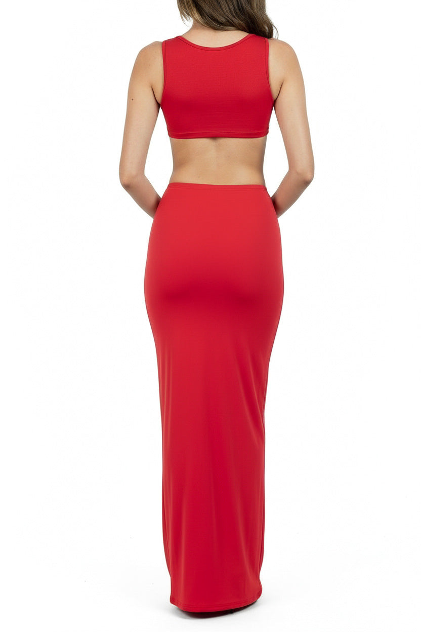 Red Long Bodycon Cotton Jersey Skirt