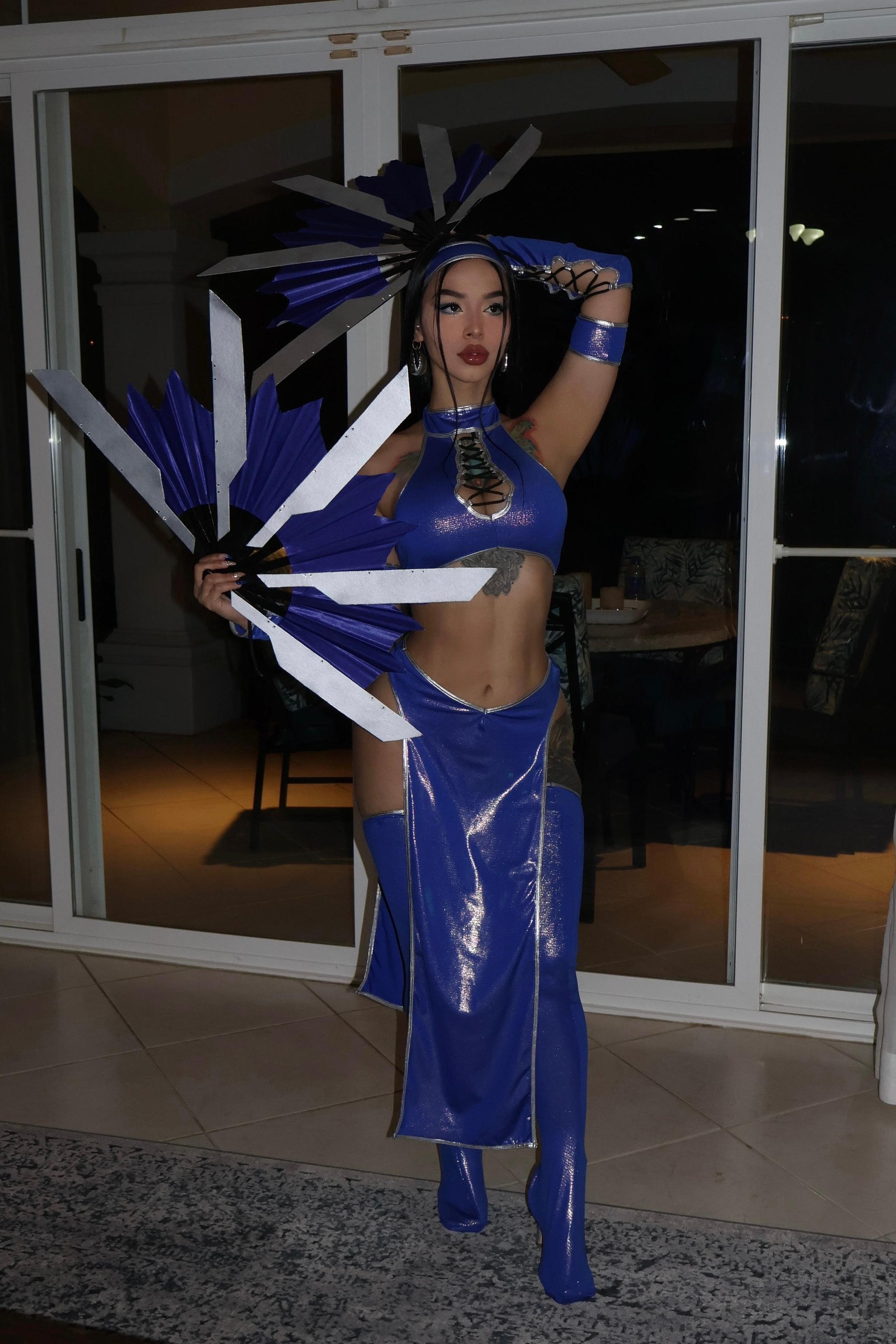 Custom made Kitana inspired cosplay costume in blue and gold – top, mask and boot covers
