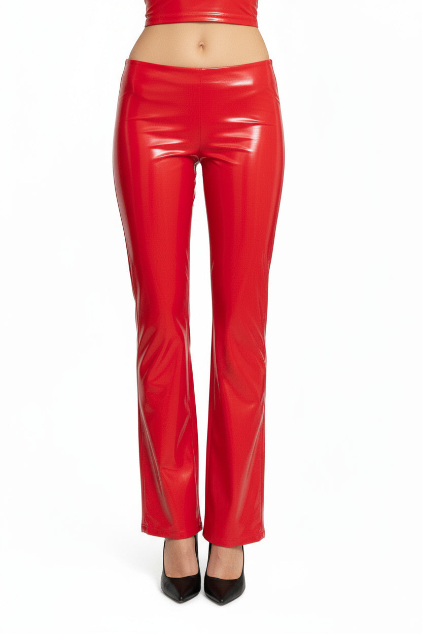 Red Latex Low Rise Straight-Cut Pant