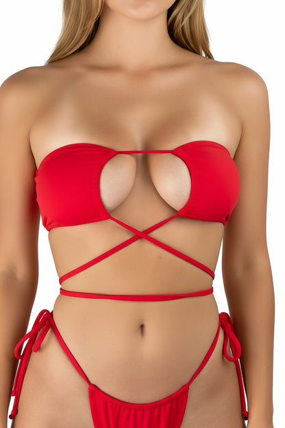 Red Loop Tie Strapless Bikini Top
