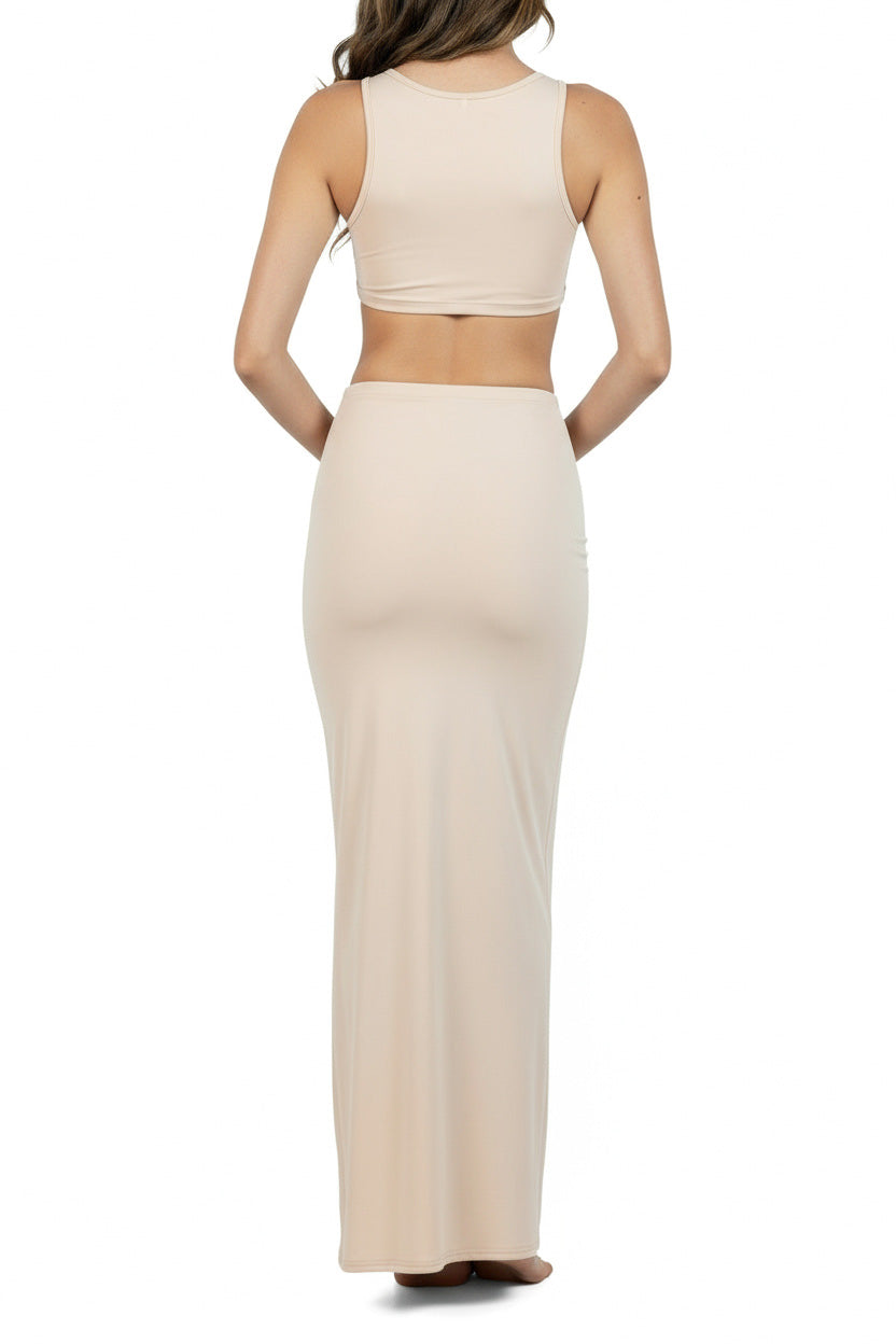 Beige Long Bodycon Cotton Jersey Skirt