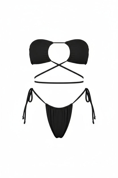 Black Loop Tie Strapless Two Piece Bikini
