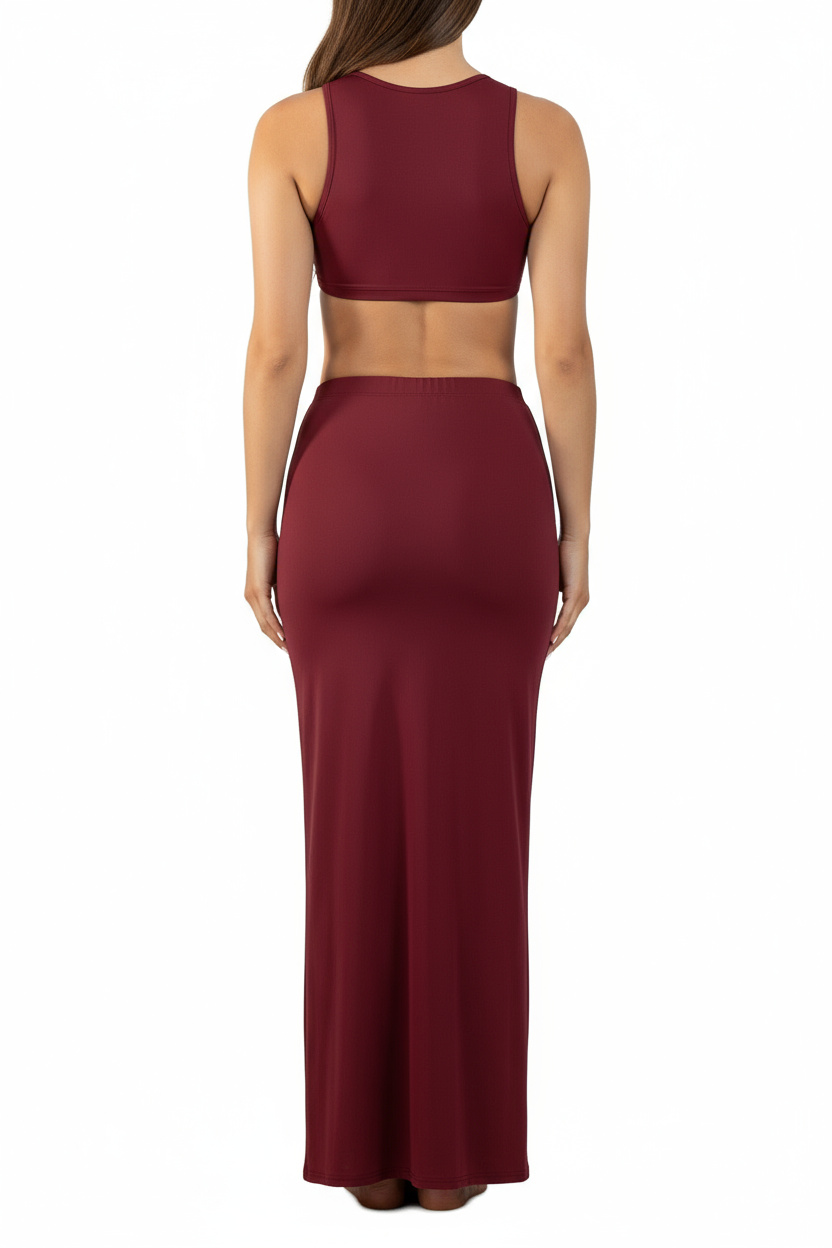 Dark Red Long Bodycon Cotton Jersey Skirt
