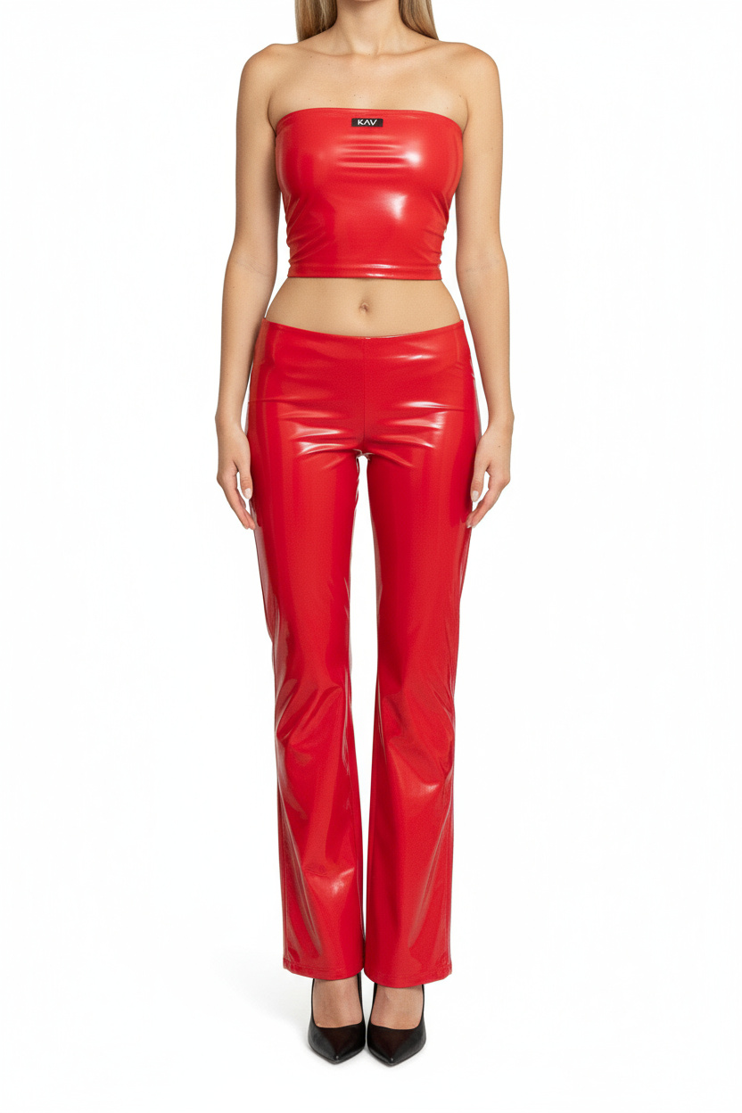 Red Latex Low Rise Straight-Cut Pant