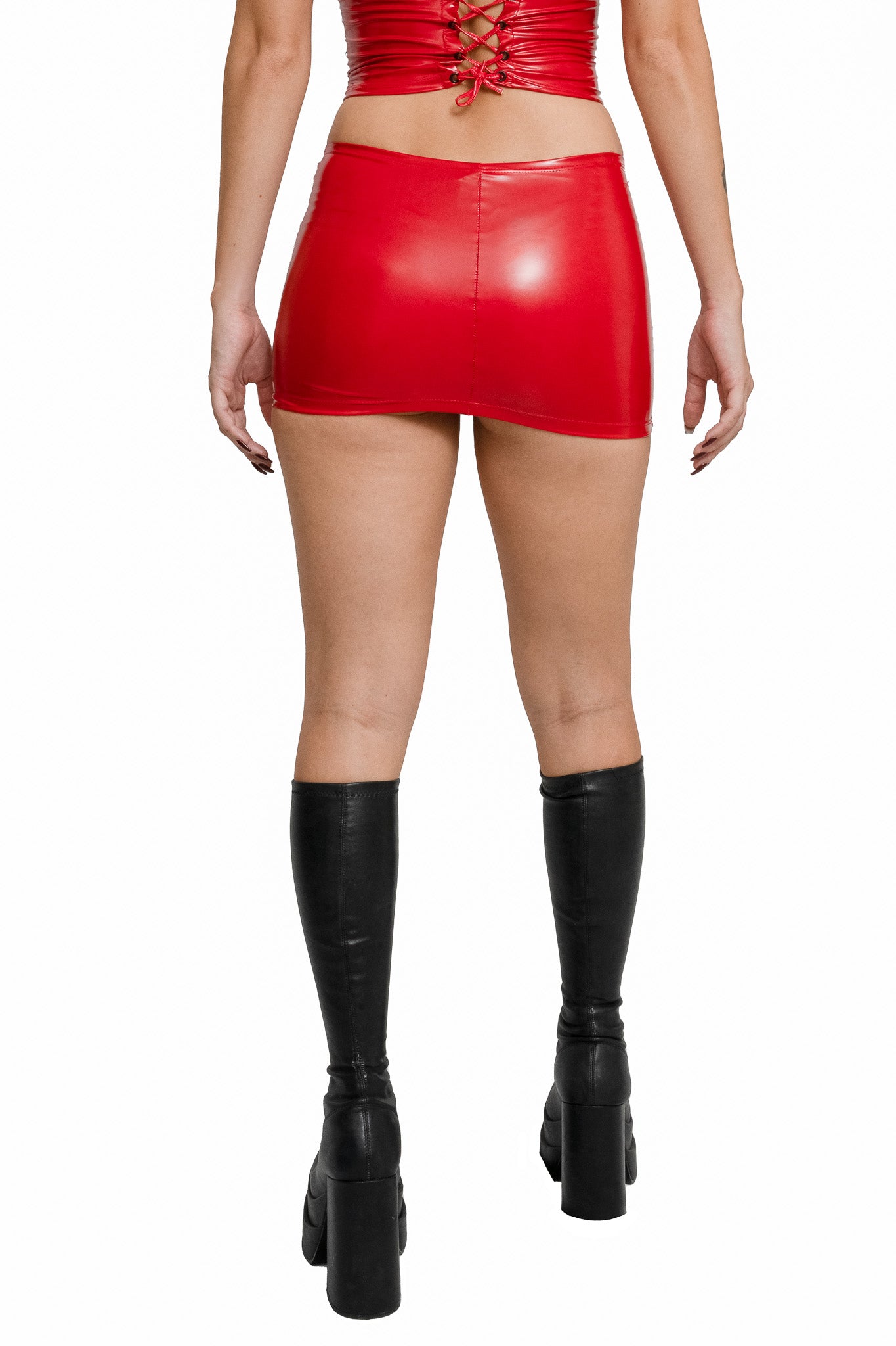 Red Latex Mini Lace Up Skirt