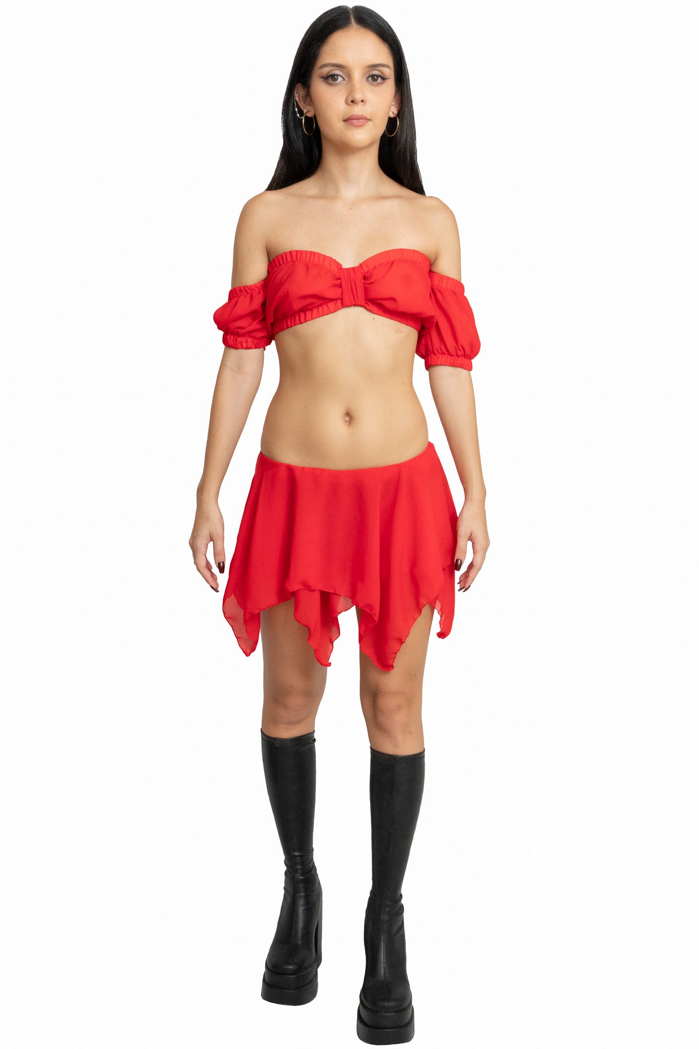 Red Shoulder Flower Skirt Set
