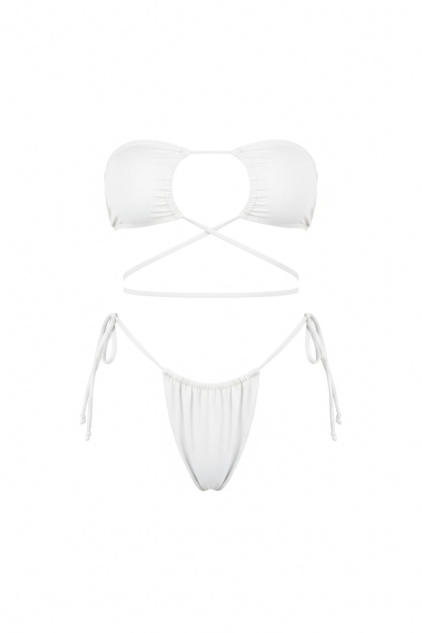 White Loop Tie Strapless Two Piece Bikini