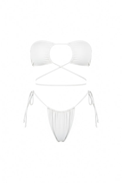 White Loop Tie Strapless Two Piece Bikini