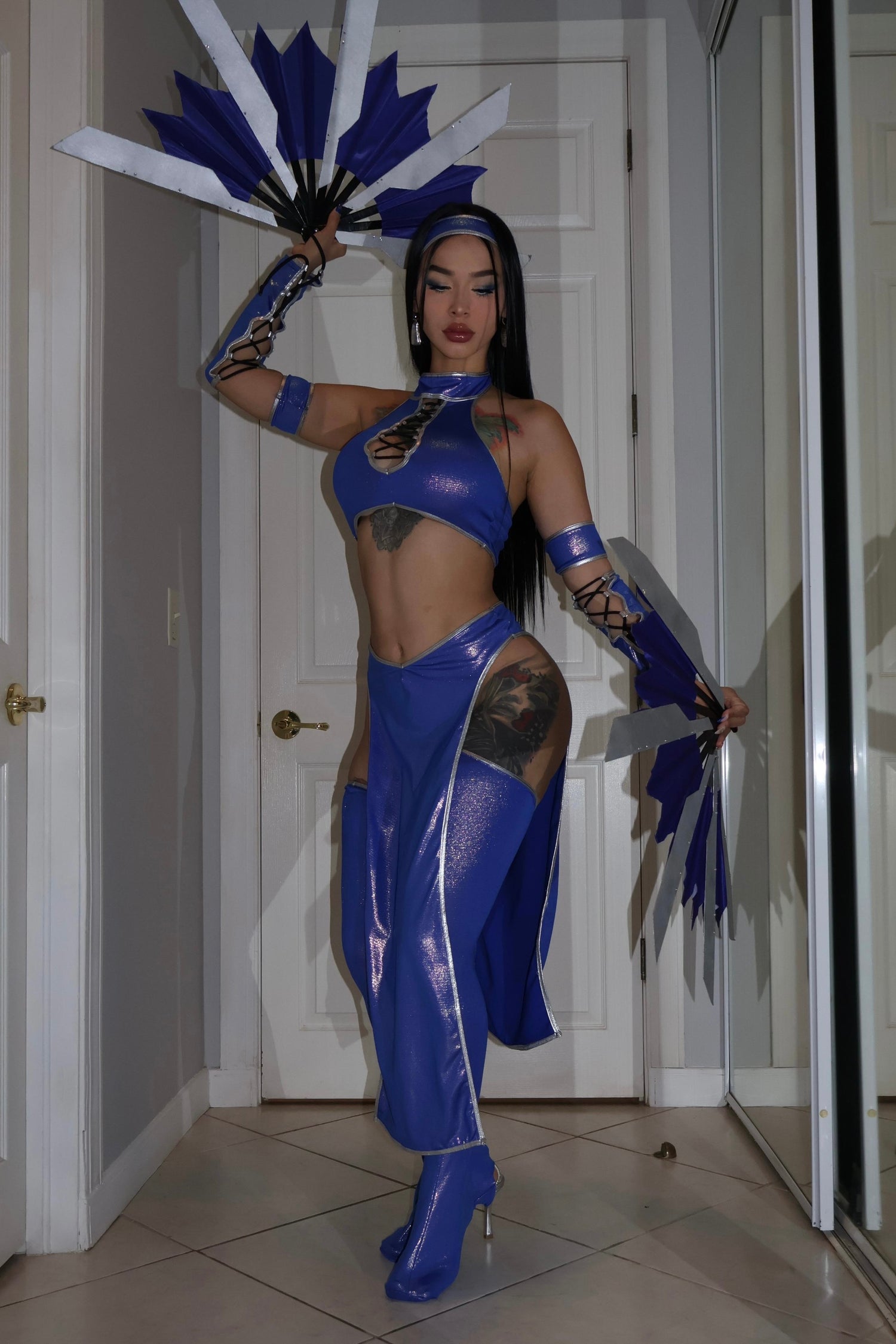 Custom made Kitana inspired cosplay costume in blue and gold – top, mask and boot covers
