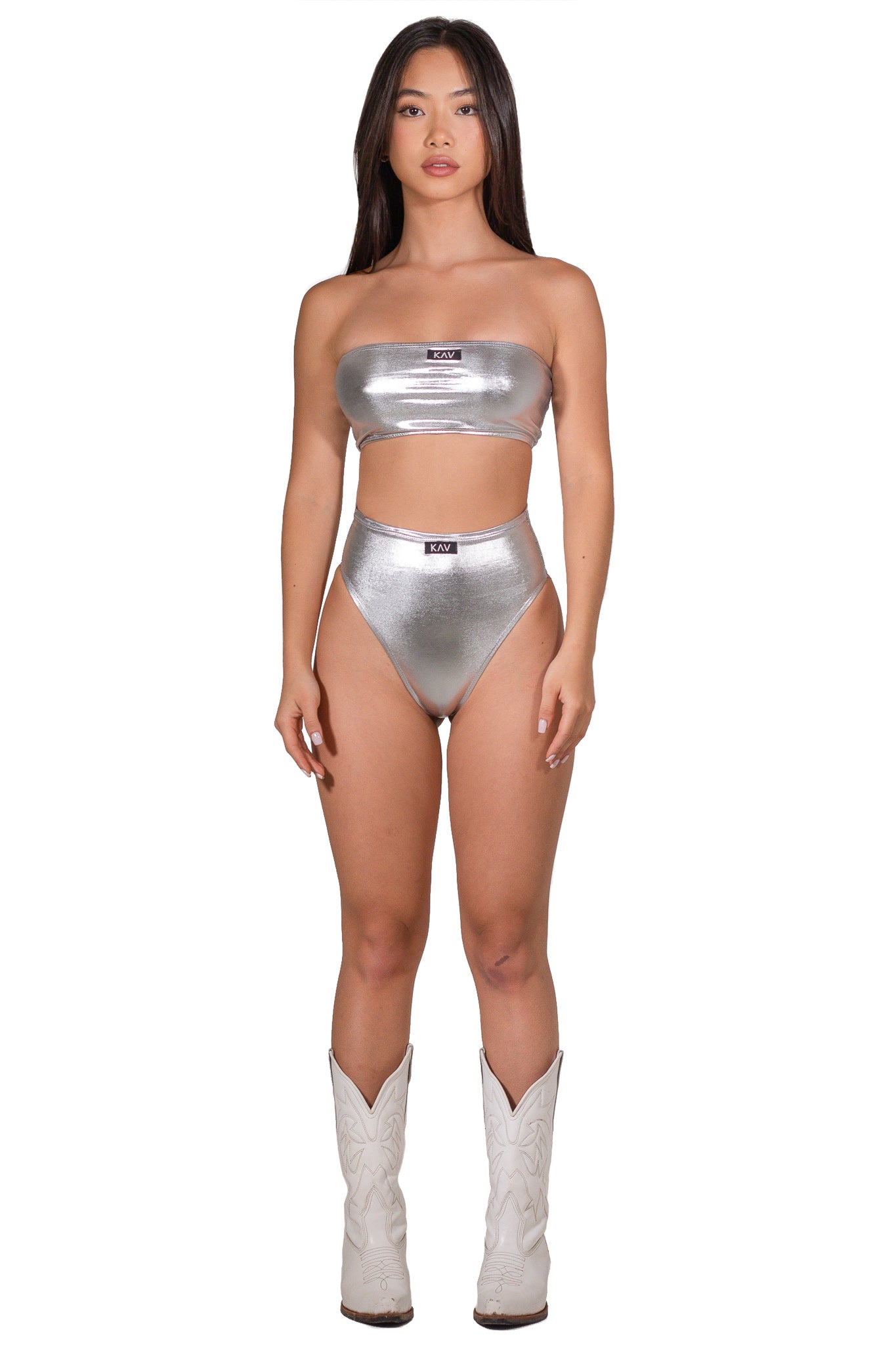 Bikini de tubo plateado de cintura alta 