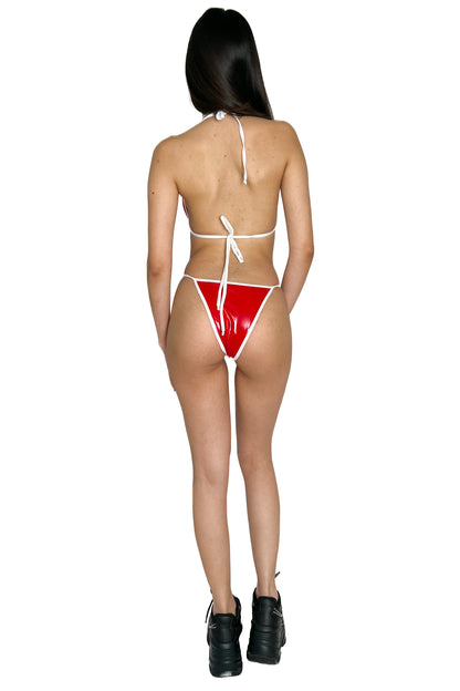 Red Latex Contrast Trim Two Piece Triangle Bikini